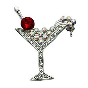 Martini Glass Pin Brooch Aurora Borealis Cocktail Party Cherry Rhinestones Retro